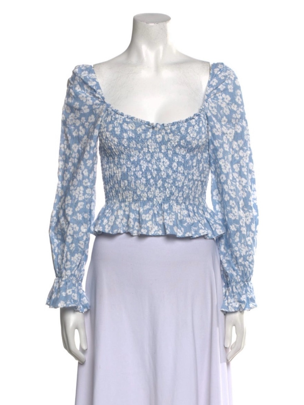 Reformation Blue Floral Linen Smocked Crop Top XS Cottagecore Coastal Chic - Picture 3 of 8